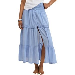 NWT Aerie Blue Boho Button Cotton Smocked Waist Tiered Maxi Skirt Size XL